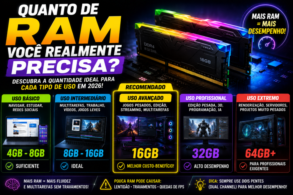 Ilustração de pentes de memória RAM instalados em uma placa-mãe de computador com iluminação tecnológica.