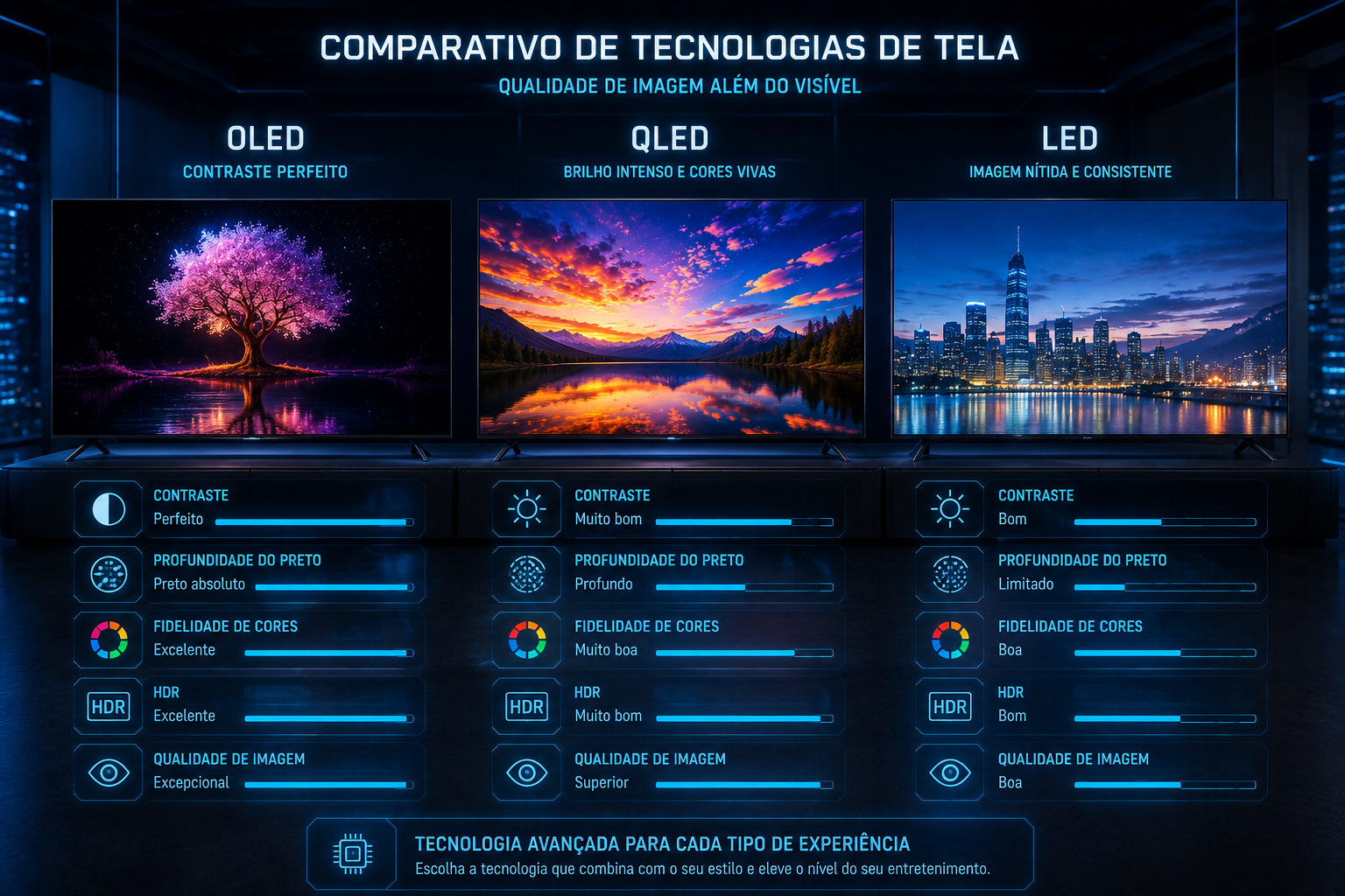 OLED, QLED ou LED: Qual Tecnologia de Tela Vale Mais a Pena?