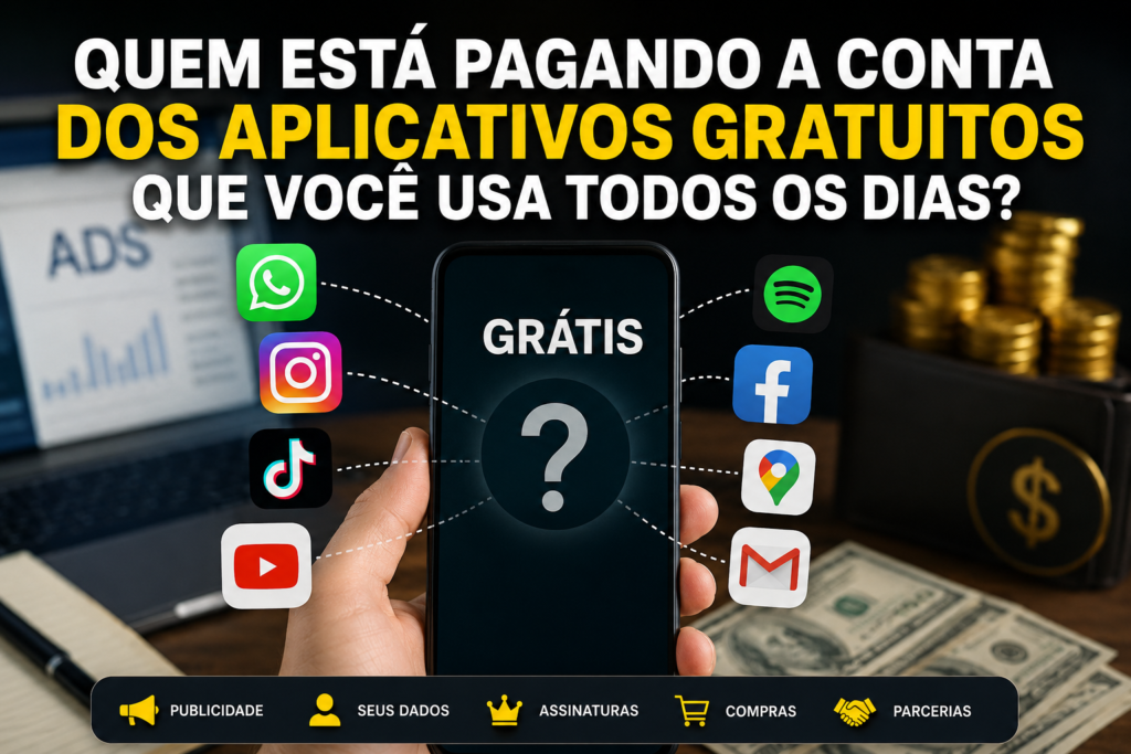 Smartphone cercado por aplicativos populares mostrando como publicidade, assinaturas e dados financiam aplicativos gratuitos.