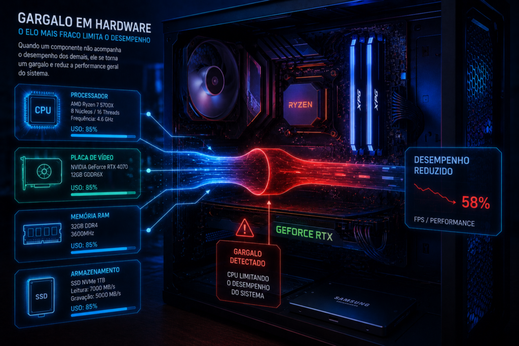 Computador gamer com hologramas mostrando CPU, GPU, memória RAM e um ponto de gargalo limitando o desempenho do sistema.