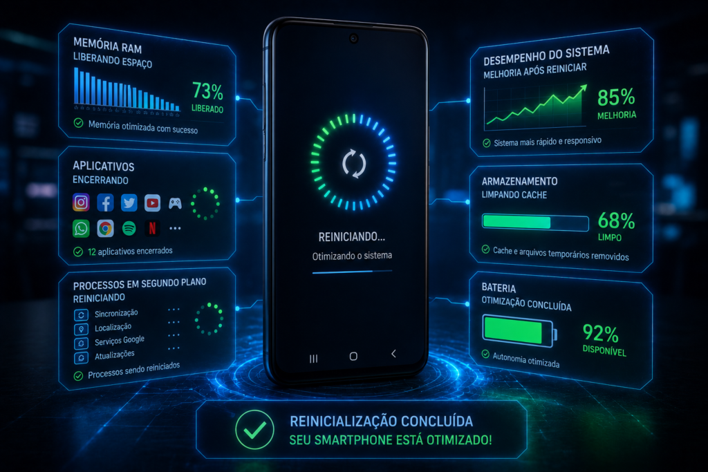 Smartphone reiniciando enquanto hologramas mostram limpeza de memória RAM, encerramento de processos e melhoria de desempenho do sistema.