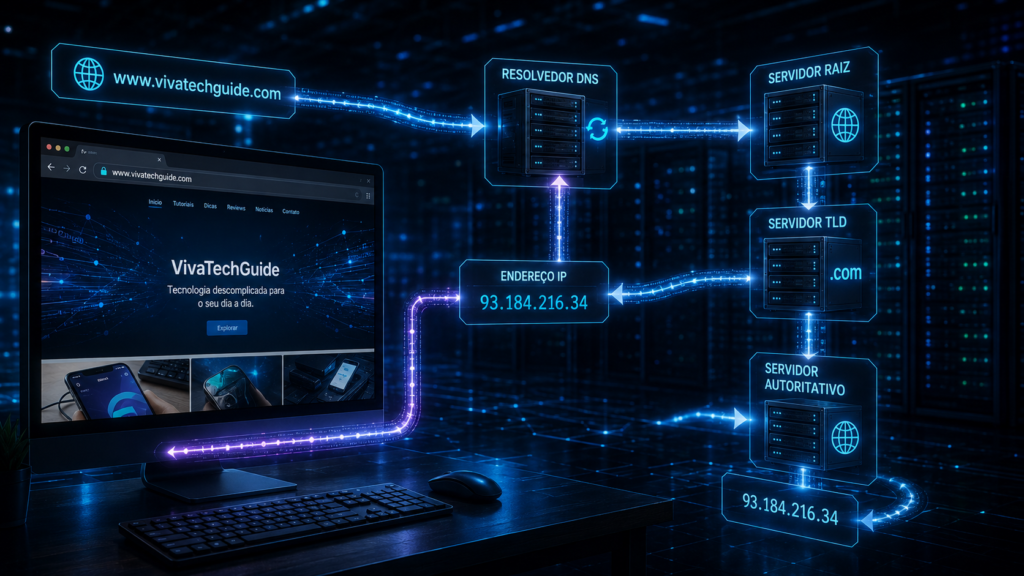 Computador acessando um site enquanto servidores DNS transformam o nome do domínio em um endereço IP através de conexões digitais.