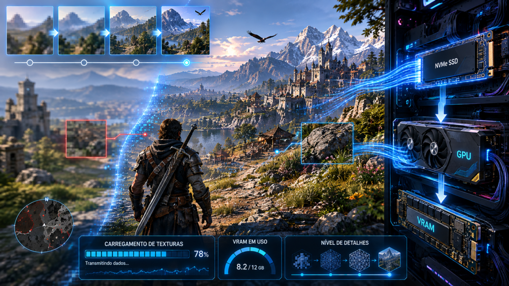 Jogo de mundo aberto carregando texturas em tempo real enquanto SSD, VRAM e GPU transferem dados para aumentar os detalhes do cenário.