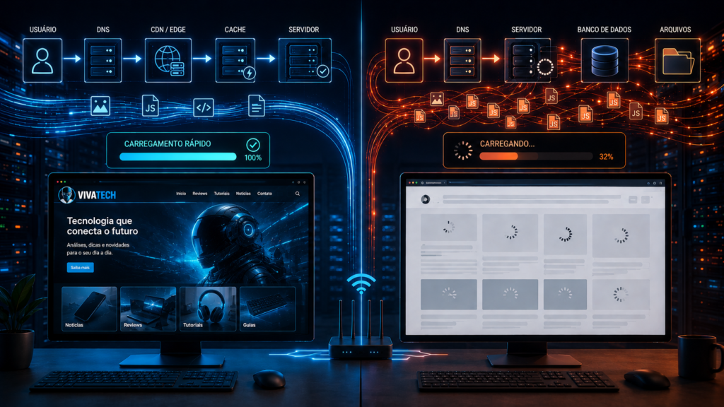 Comparação entre dois sites carregando em velocidades diferentes enquanto servidores, CDN, cache e arquivos da página são processados pela internet.