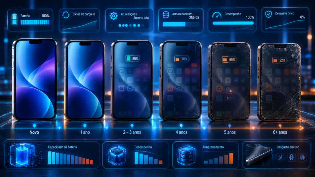 Smartphone moderno mostrando diferentes estágios de envelhecimento enquanto bateria, desempenho e atualizações representam sua vida útil ao longo dos anos.