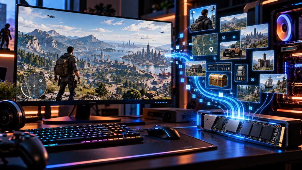 Arquivo de salvamento de um jogo armazenando o progresso do jogador em um SSD