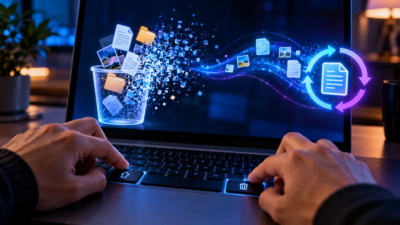 Recuperar arquivos apagados com Shift + Delete: mãos no teclado e arquivos sendo restaurados na tela do notebook